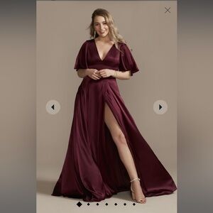 David’s Bridal Galina Charmeuse Flutter Sleeve A-Line Bridesmaid Dress in Wine